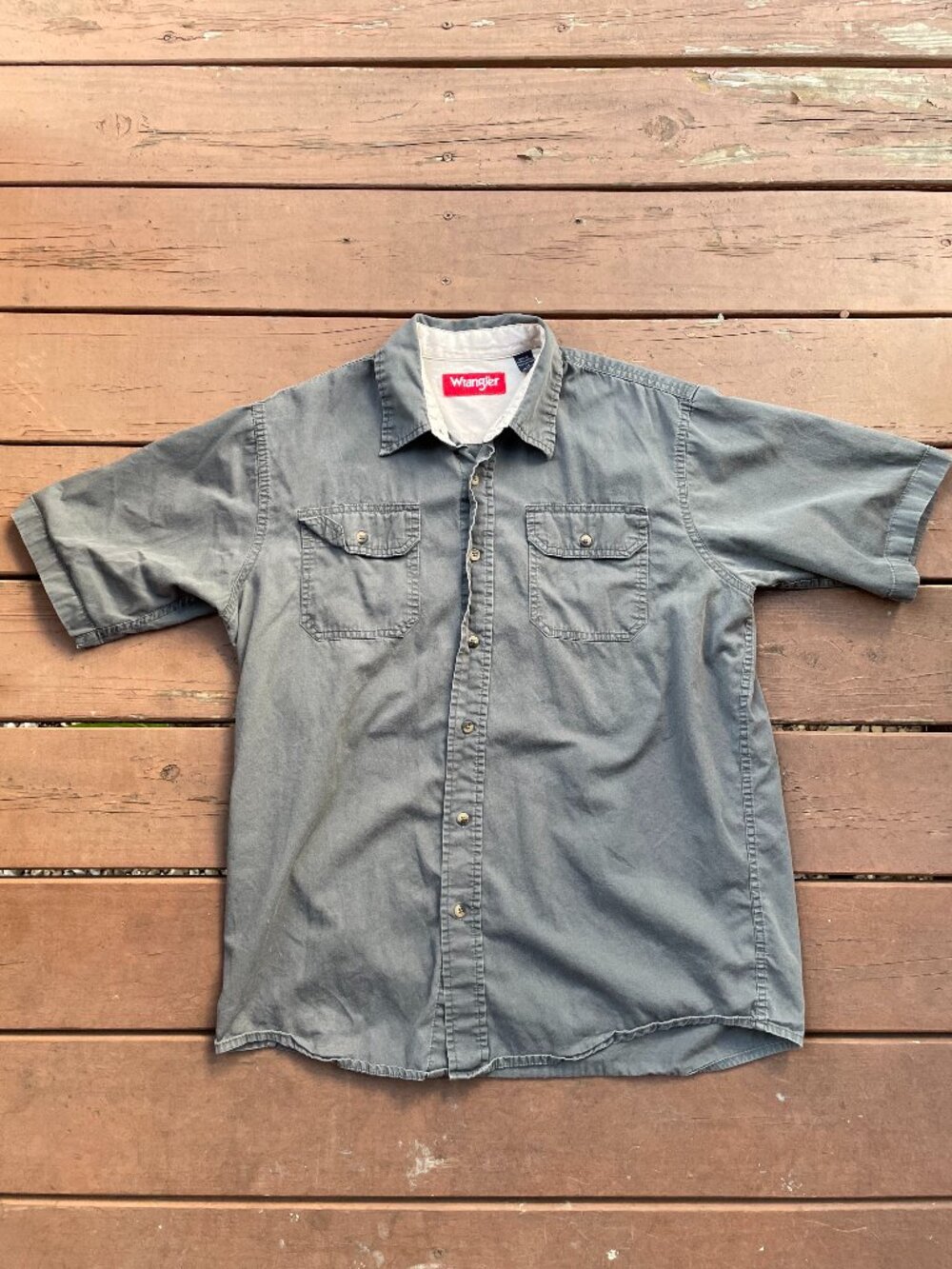 Vintage Wrangler Grey Button Up Cotton Short Sleeve Shirt - Size M
